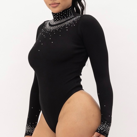210. Violet Jeweled Turtleneck Bodysuit In Black - Picture 3 of 4